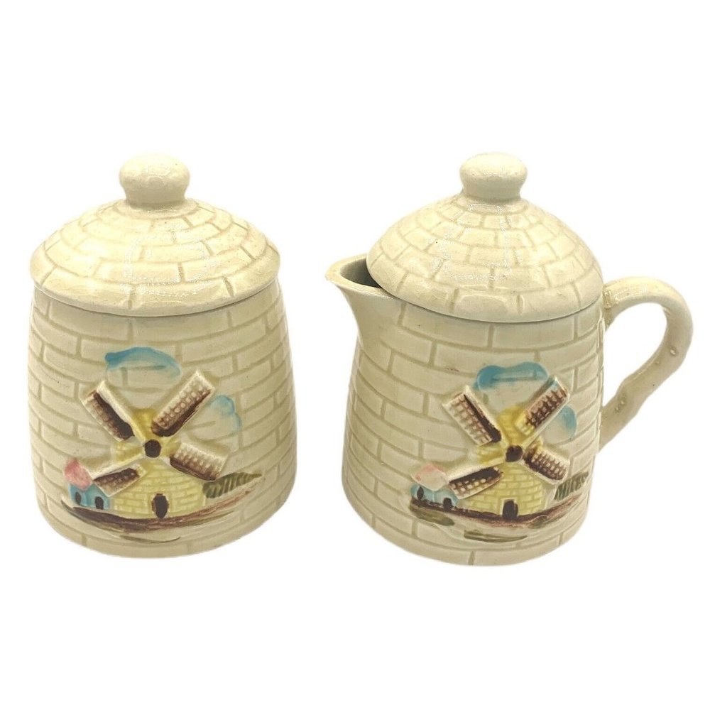Vintage Majolica Rare Windmill Sugar Pot & Creamer Set Cream Brick Pattern Japan